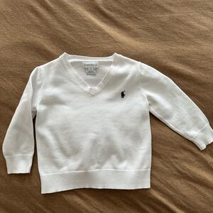 Ralph Lauren White V-Neck Sweater with Blue Logo